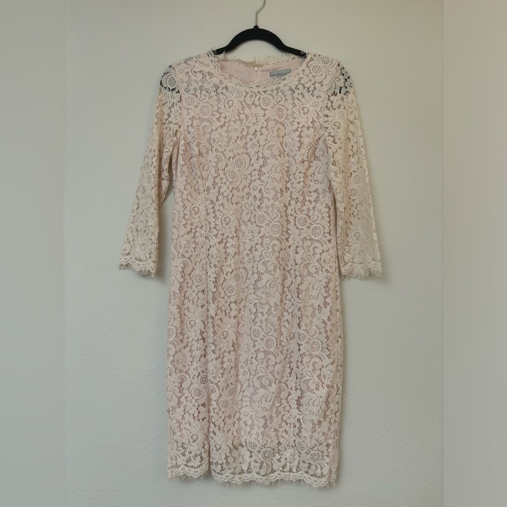 Forever 21 pink white eyelash lace 3/4 sleeve dress sz M medium midi wedding - Picture 3 of 13